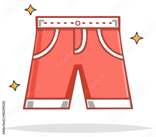 Cute cartoon illustration of new sparkling red summer shorts with pockets