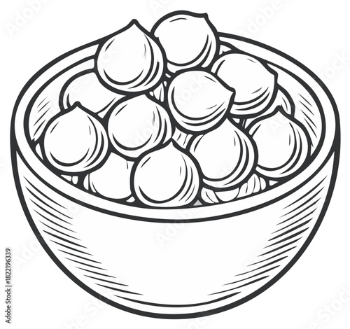 Bowl of chickpeas sketch illustration, black and white food design.