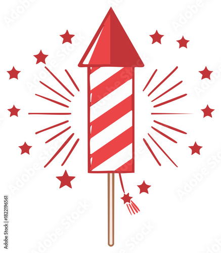 Festive red firework rocket with white stripes and bursting stars cartoon illustration for celebration