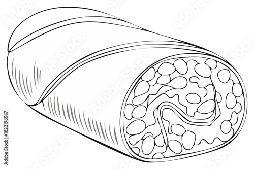 Cut-through illustration of a burrito showing the contents.