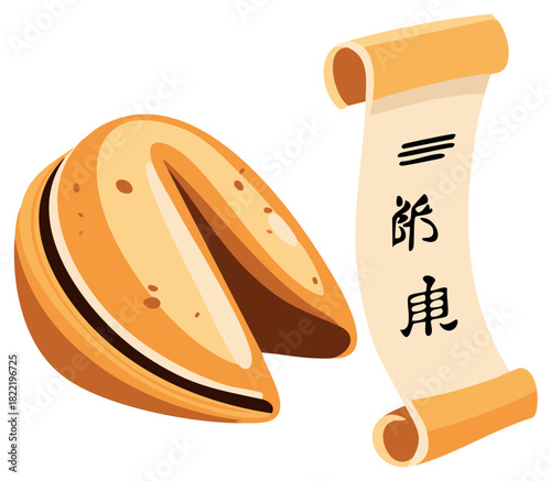 Stylized Fortune Cookie with Chinese Text on Scroll, Asian Culture, Takeout Food