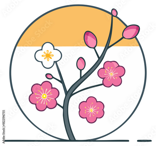 Asian style cherry blossom branch with pink and white flowers in a circular frame with a sun