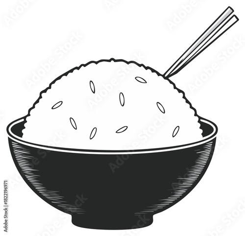 Traditional Asian food concept white rice and chopsticks monochrome design