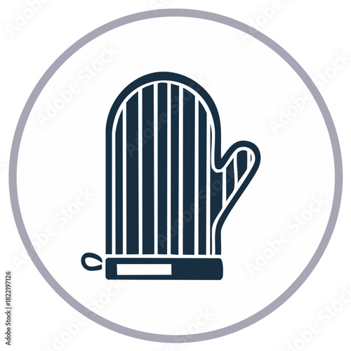 Padded oven mitt graphic icon, for cooking and baking, in a circle.