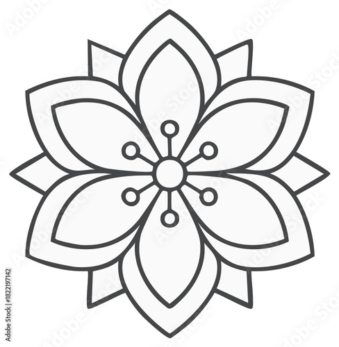 Abstract flower bloom with simple petal and stamen design, geometric blossom in linear drawing