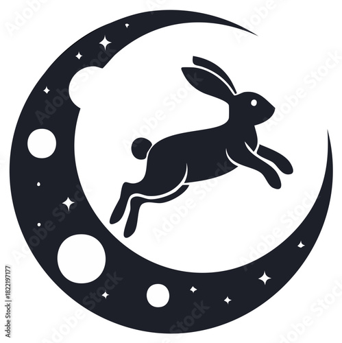 Rabbit Jumping in Crescent Moon with Stars Black and White Graphic Element