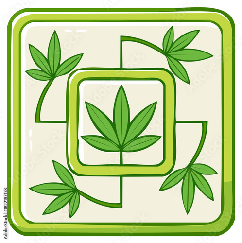 Decorative tile icon with symmetrical green marijuana leaves in a square frame