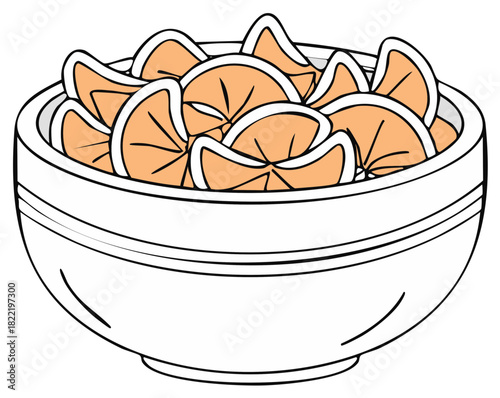 Simple illustration of a white bowl filled with vibrant orange fruit slices