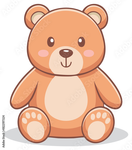 Cute cartoon Teddy Bear sitting upright. Childlike plush animal doll with peach colored fur and belly, paw details, and happy expression.
