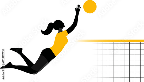  A female volleyball player throws a ball over the net