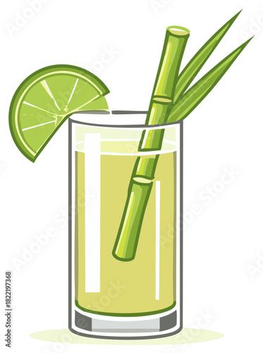 Refreshing glass of sugarcane juice with a fresh lime wedge and sugarcane stalk vector illustration
