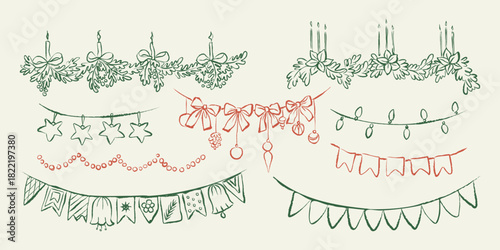 Vintage Christmas garlands and decorations hand-drawn set. Whimsical Holiday festive decor for greeting cards, party invitations. Vector doodles with pine branches, bows, candles, flags, and lights.