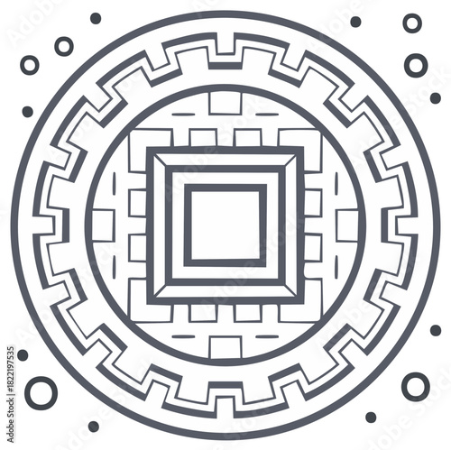 Abstract geometric circular symbol with gear teeth and a square center vector illustration
