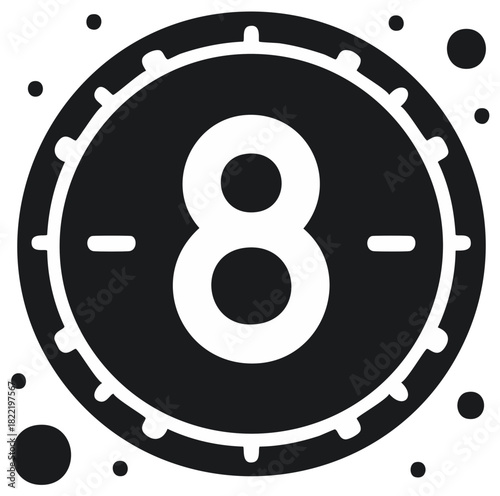 Number Eight Symbol Digit Inside a Circular Emblem with Dotted Accents