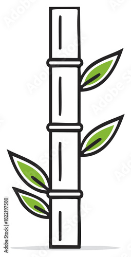Simple illustrative bamboo stalk with green leaves and rings