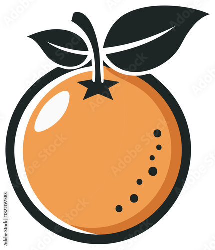 Stylized cartoon orange fruit icon with stem and leaves vector illustration