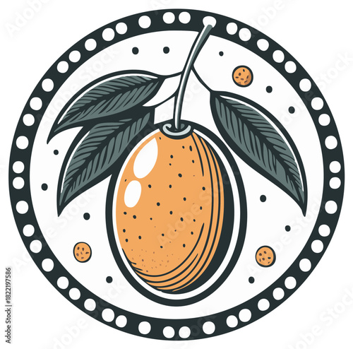 Stylized Citrus Fruit: Orange in Decorative Round Frame, Leaves and Spots