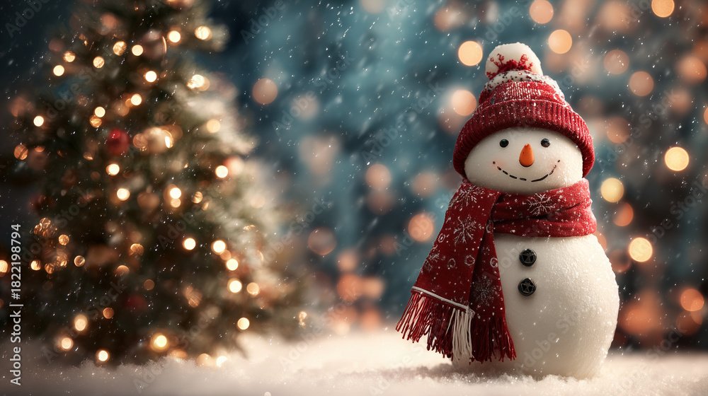 Obraz premium Snowman wearing a red scarf and hat near decorated Christmas tree 