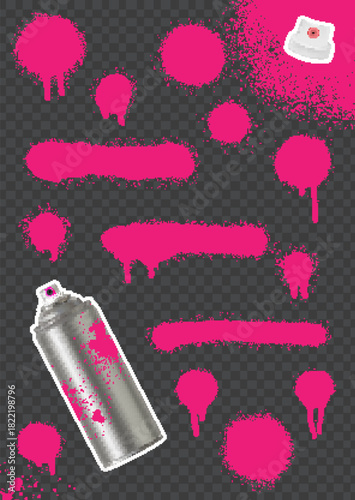 Spray paint streaks and drips with metallic aerosol can on transparent background.