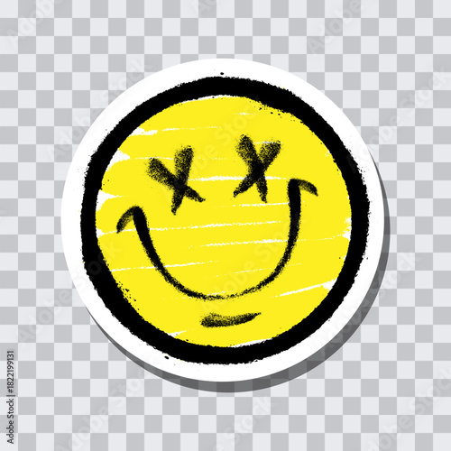 Graffiti emoticon. Smiling face painted spray paint on transparent background sticker. Vector illustration