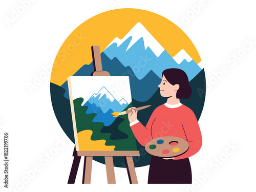 A woman paints a mountain landscape on a canvas while holding a palette and brush.