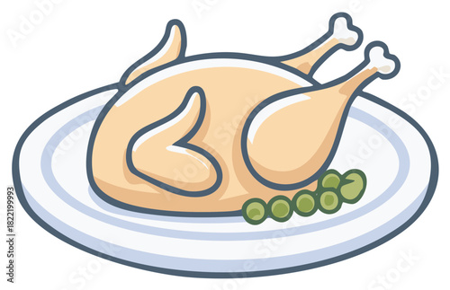 Cooked whole chicken with peas served on a plate; illustration, cartoon, graphic