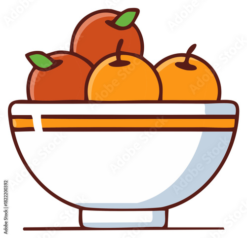 Stylized bowl of mixed fruits illustration featuring apples and oranges in a white ceramic bowl with an orange rim for kitchen design