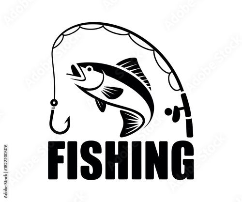 A stylized illustration of a fish being caught on a fishing hook and line.