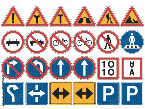 A collection of traffic signs and road safety symbols are displayed on a white background.