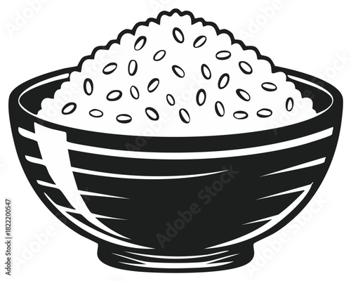 Bowl of Rice Graphic Illustration Filled with Grain Food Asian Dish Fresh Meal Culinary Arts Black and White Simple Design