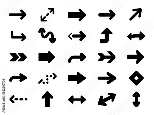 A collection of diverse black arrow icons representing different directions and movements.