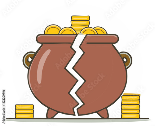 Broken Pot with Gold Coins Illustration Indicating Financial Crisis or Bankruptcy Concept
