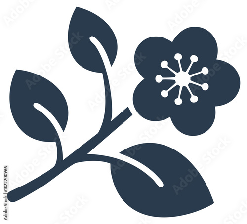 Stylized Blossom with Leaves and Branch Vector Graphic Springtime Floral Icon