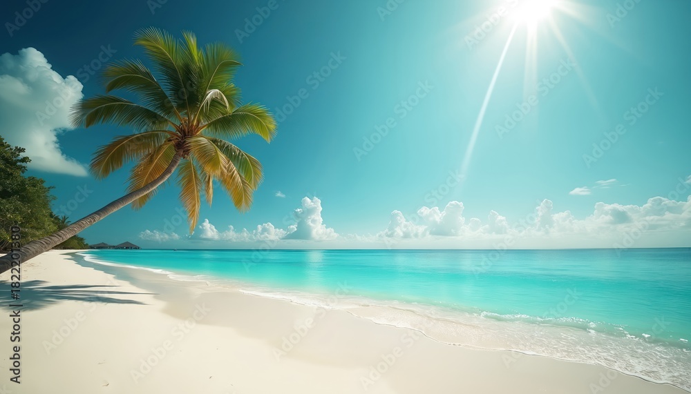 Obraz premium White sand tropical beach with calm turquoise ocean water. Leaning palm tree shades bright sun, clear blue sky with fluffy clouds. Distant overwater bungalows suggest exotic island vacation paradise