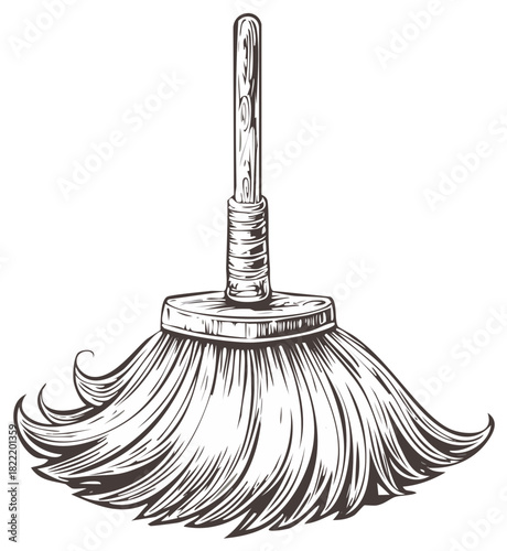 Hand-drawn vintage broom with wooden handle and bristles, graphic illustration