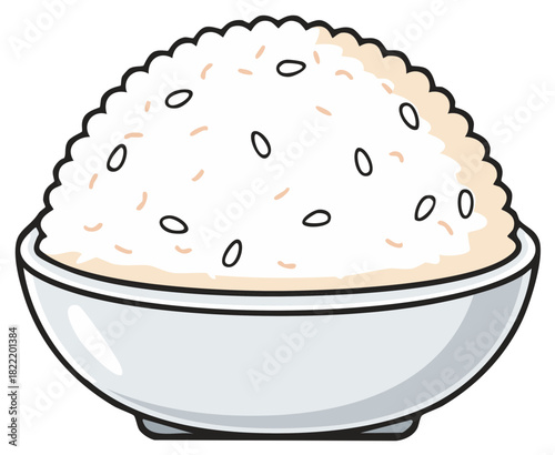 Cartoon Rice Bowl Image with Grains Topping in a Simple Bowl Design