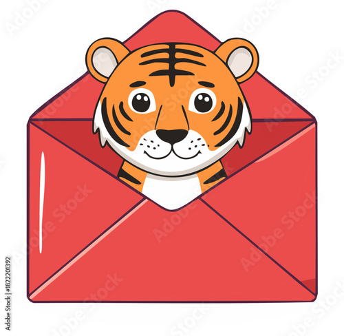 Cartoon tiger inside red envelope illustration greeting email
