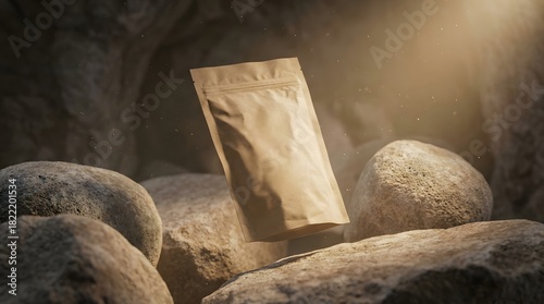 Product Pouch Floating Among Oversized Matte Stones with Directional Light