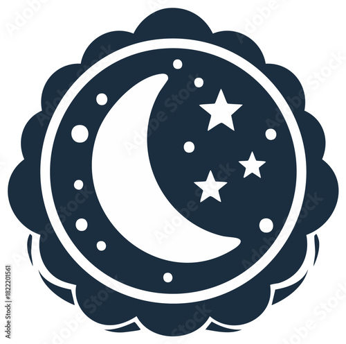 Dark blue scalloped circular icon with white crescent moon and stars, symbolizing night or sleep