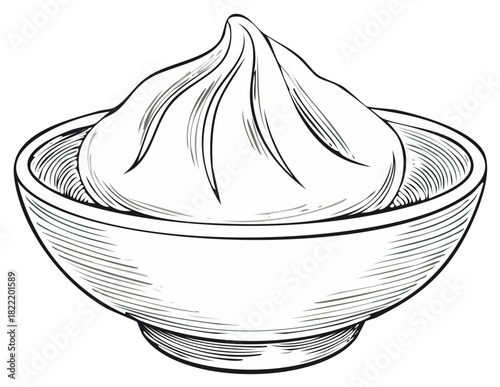 Engraved style black and white drawing of a single Asian dumpling in a serving bowl