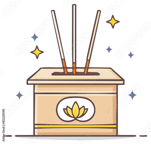 Incense sticks burning in a burner cartoon illustration, aroma spa concept