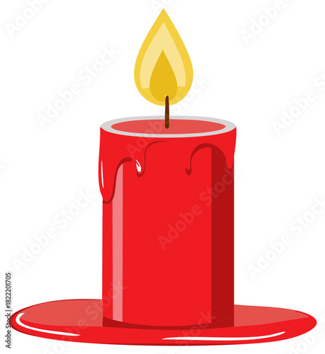 Red Candle Burning with Wax Dripping, Single Candle Flame, Table Decoration, Vector Illustration