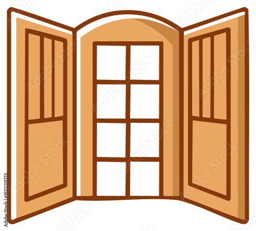 Opened wooden window with multiple glass panes and open shutters, architectural element cartoon vector