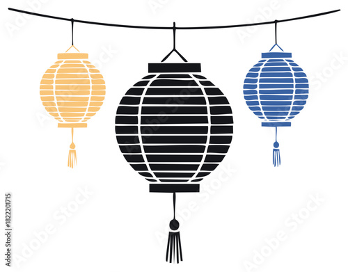 Hanging festive paper lanterns with tassels in black, gold and blue on a white background, celebration decoration