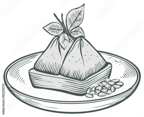 Traditional Middle Eastern pastries illustration with pyramid shaped sweet desserts, mint garnish, and seeds on a serving plate