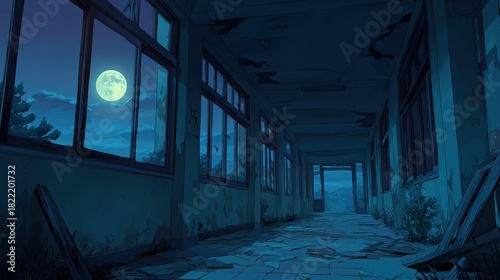 Abandoned school hallway corridor with bright full moon visible through windows at night.