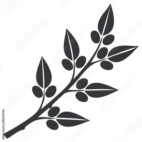 Simple silhouette of a dark branch with oval leaves and berries on a white background