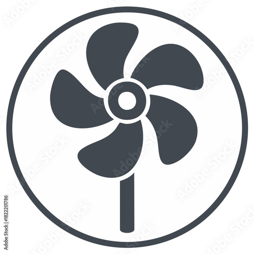 Simple icon of a fan with five blades in a circular frame
