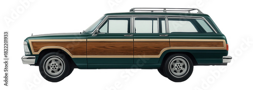Wood-paneled station wagon featuring a roof rack.