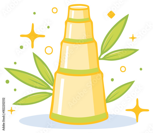 Stylized bamboo stalk with green leaves and yellow sparkles